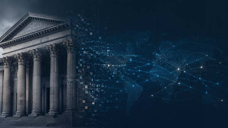 Traditional bank architecture dissolving into a borderless crypto transaction network.