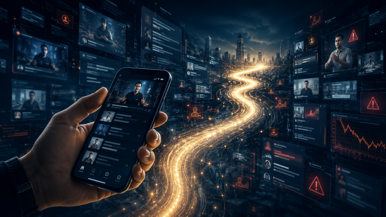 A phone showing creator-driven financial hype with a glowing shortcut path and subtle warning signals.
