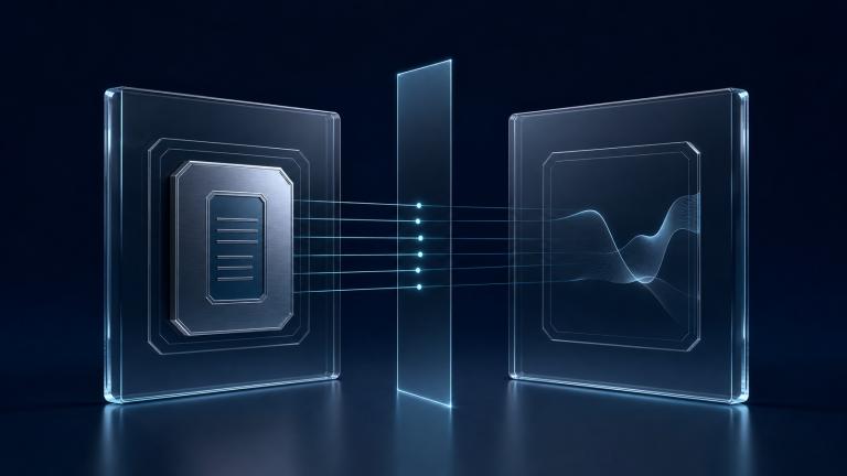 Two translucent digital securities viewed through a verification plane, one containing an underlying ownership record and the other showing only a price contour.